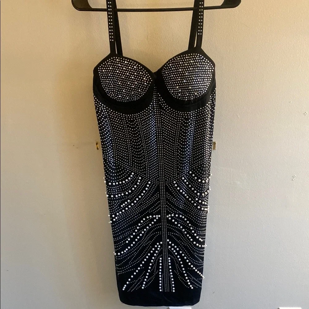 Black Sleeveless Rhinestone Pearl Bodycon Mini Dress - Picture 2 of 5